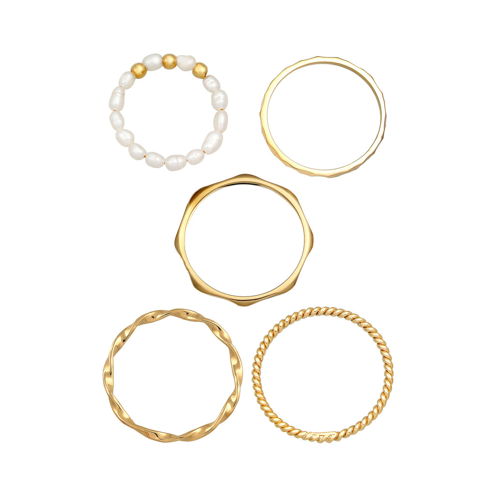 Gold Cincin Perhiasan Perak 925 Wanita Basic Set 5 dengan Mutiara Gold Plated