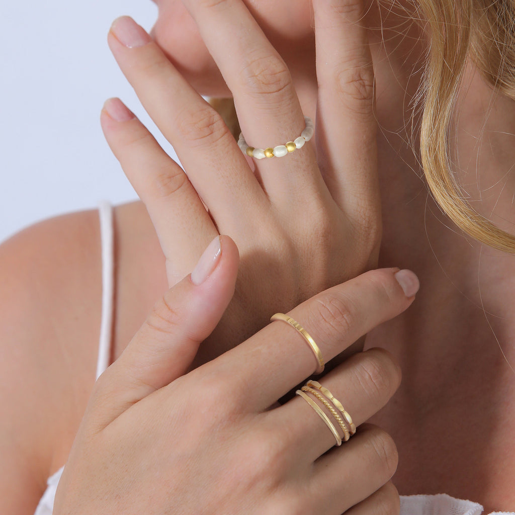 Gold Cincin Perhiasan Perak 925 Wanita Basic Set 5 dengan Mutiara Gold Plated