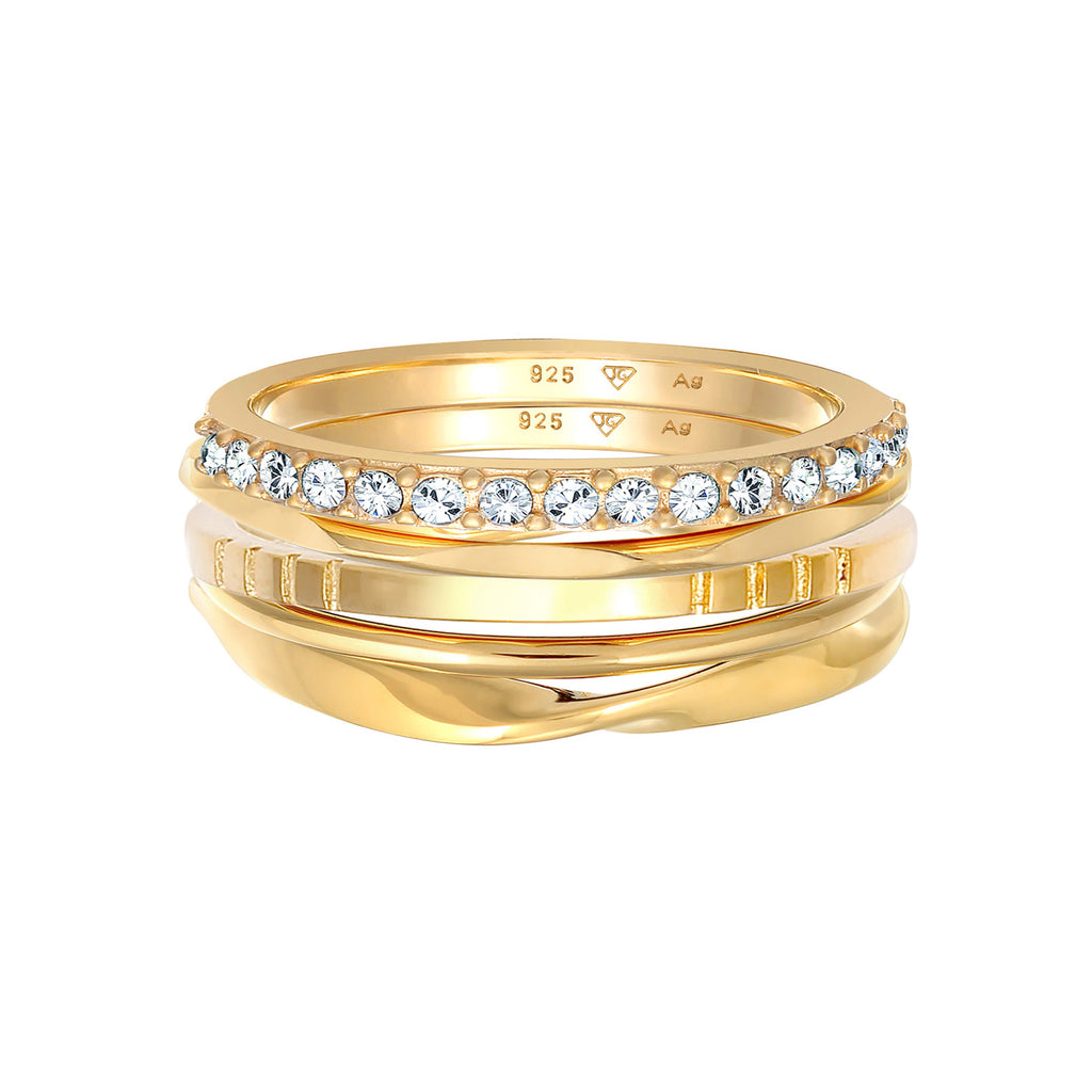 Gold Cincin Perhiasan Perak 925 Wanita Stacking Band Crystals Gold Plated