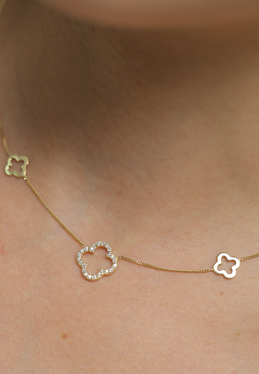 Gold Kalung Perhiasan Perak 925 Wanita Cloverleaf Symbol Luck Zirconia Gold Plated