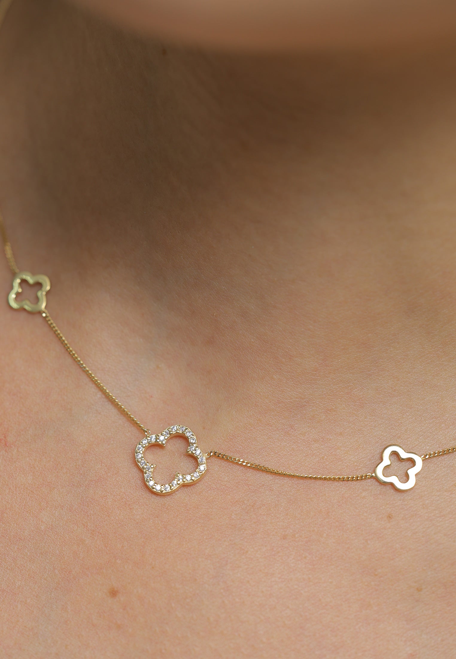 Gold Kalung Perhiasan Perak 925 Wanita Cloverleaf Symbol Luck Zirconia Gold Plated