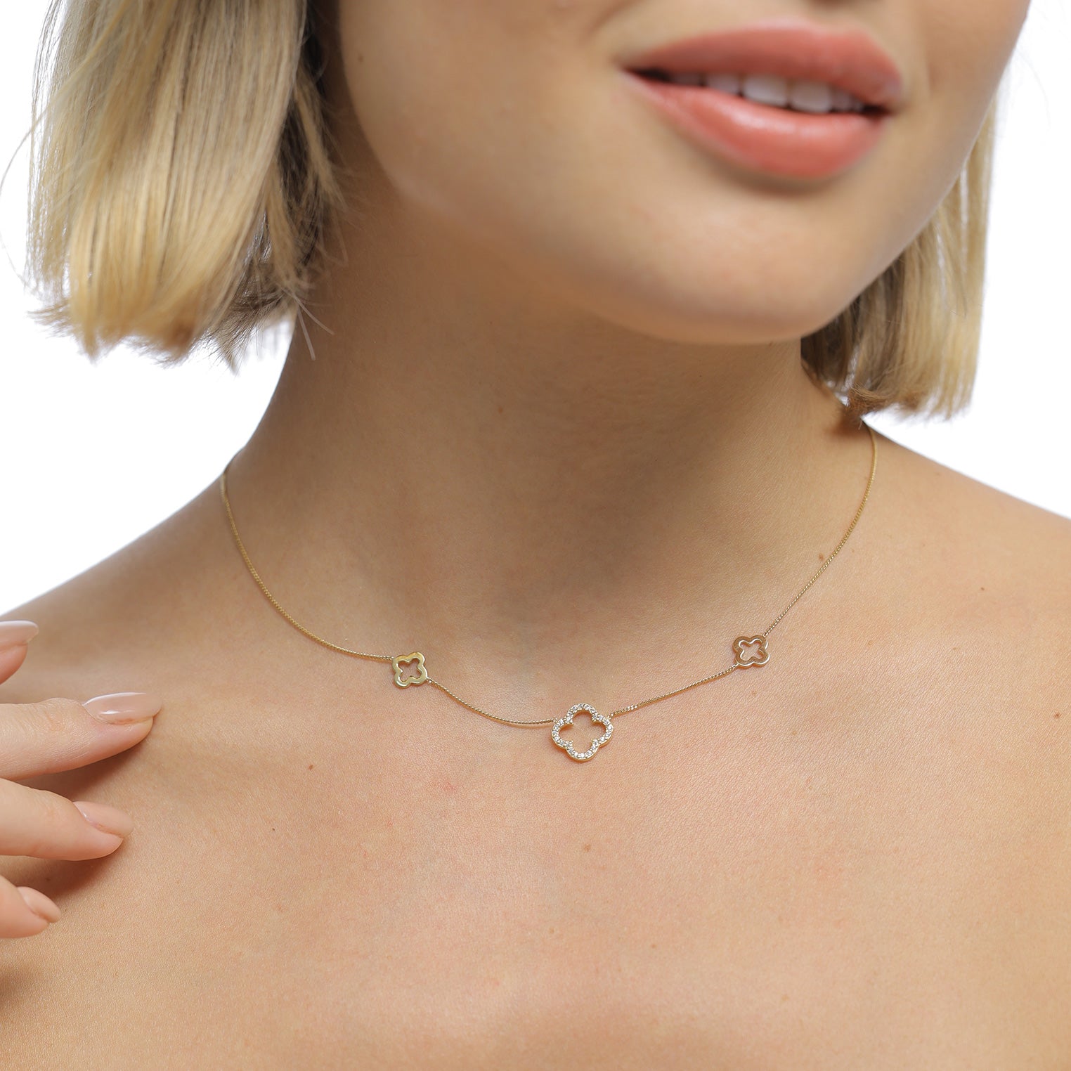 Gold Kalung Perhiasan Perak 925 Wanita Cloverleaf Symbol Luck Zirconia Gold Plated