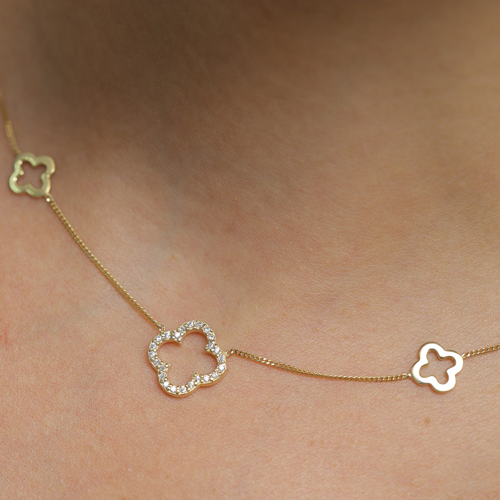 Gold - Elli | Cloverleaf Station Necklace 925 Silver Gold Plated White Zirconia