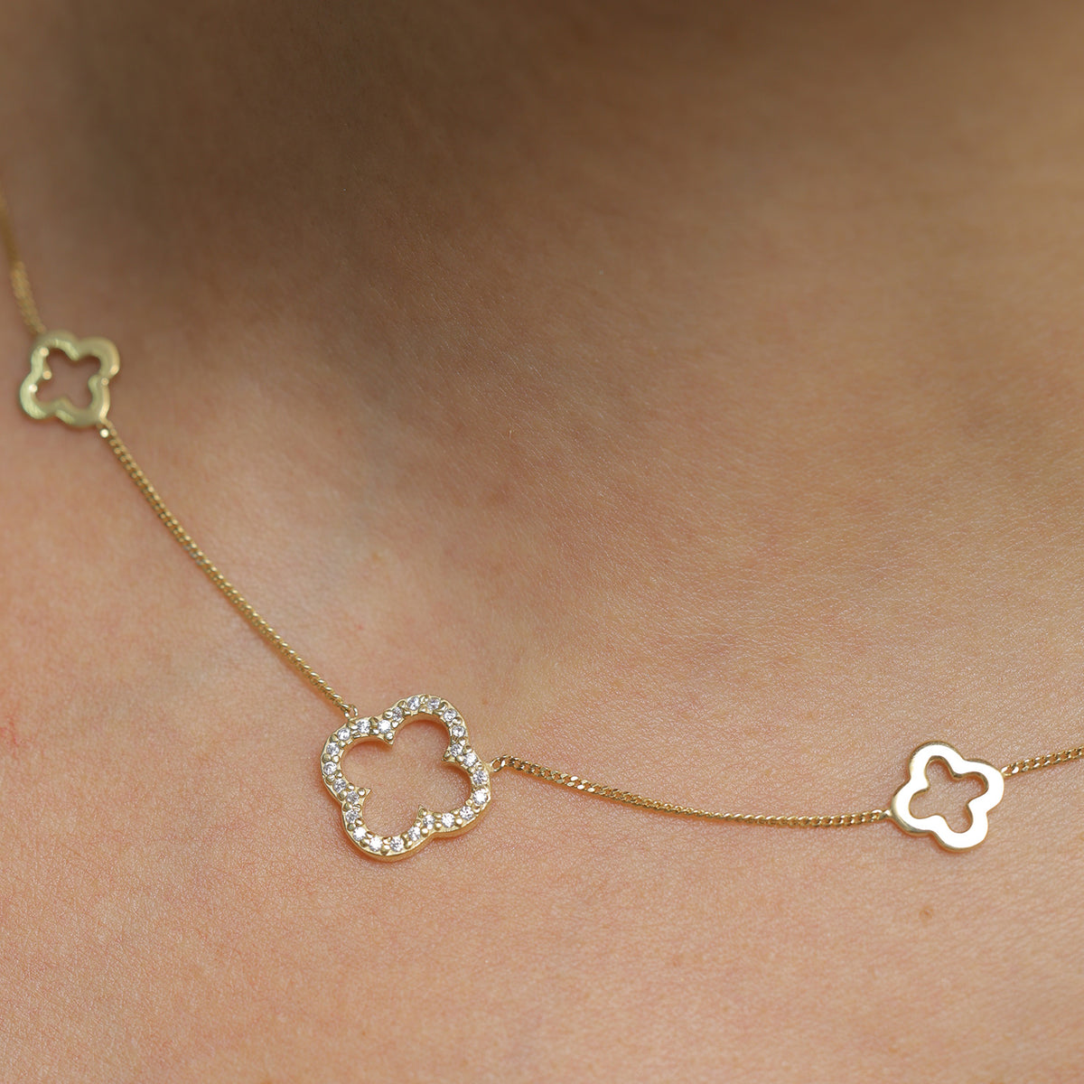 Gold - Elli | Cloverleaf Station Necklace 925 Silver Gold Plated White Zirconia