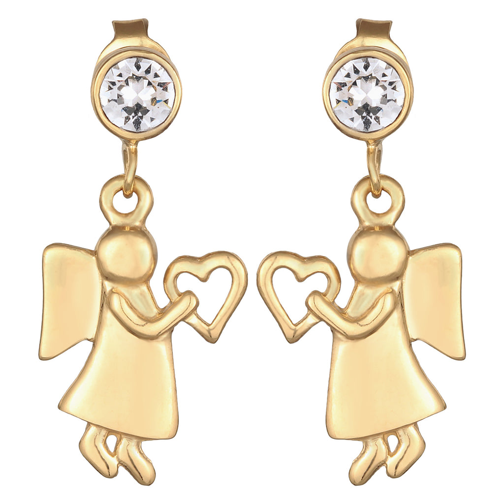 Gold Perhiasan Wanita Perak Asli - Silver Anting Ear Hanger Angel Heart Crystals Gold Plated