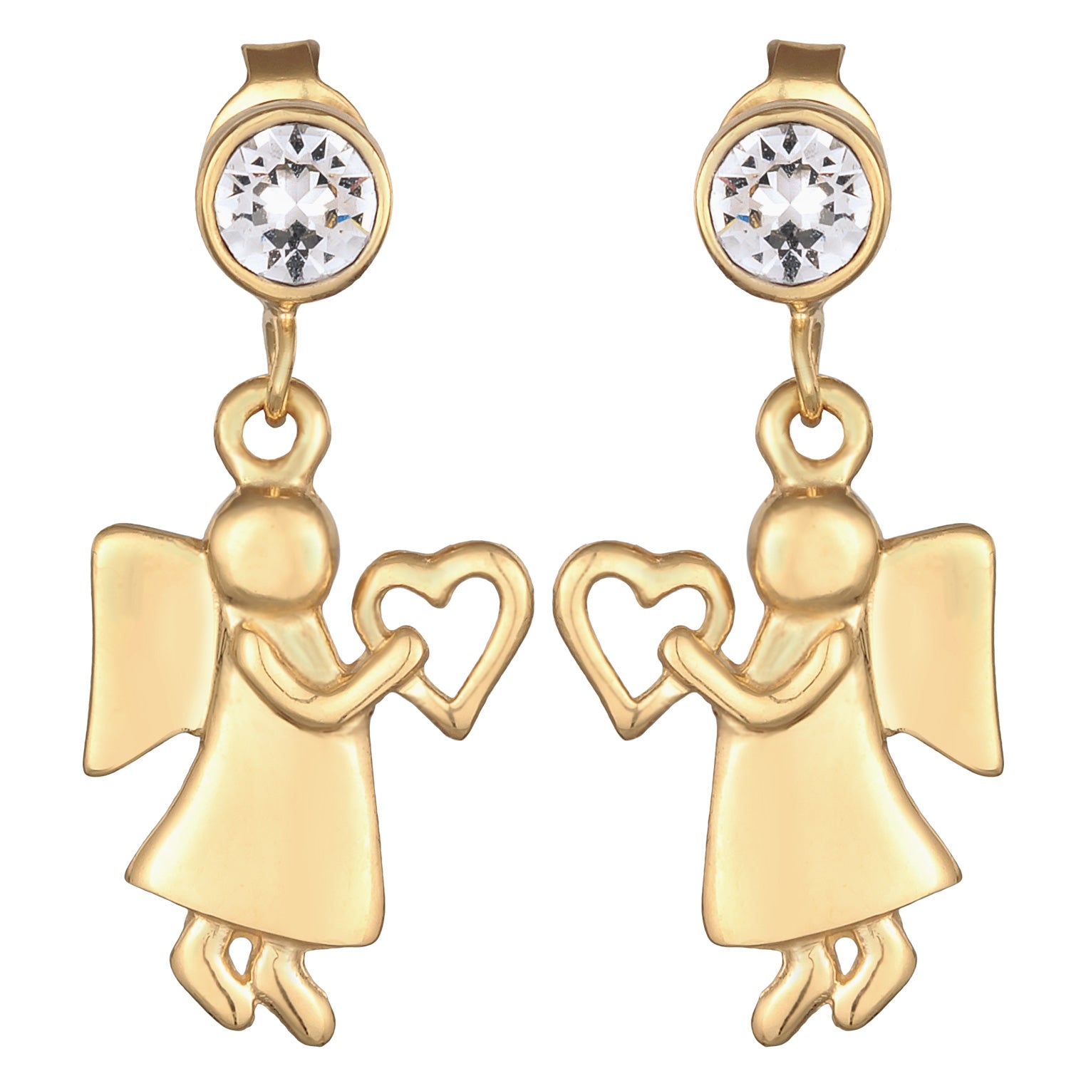 Gold Perhiasan Wanita Perak Asli - Silver Anting Ear Hanger Angel Heart Crystals Gold Plated