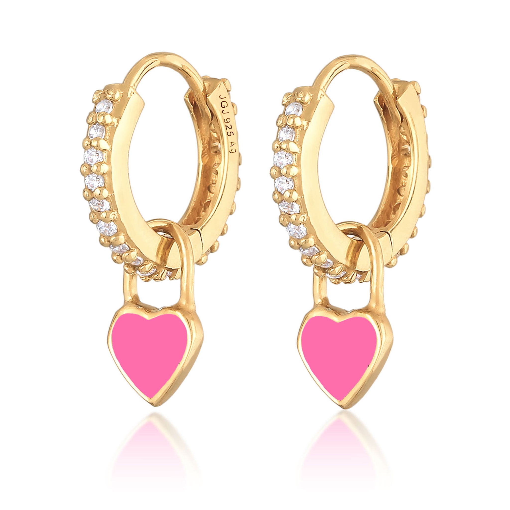 Pink Perhiasan Wanita Perak Asli - Silver Anting Creoles Heart Pendant Pink Enamel And Zirconia Gold Plated
