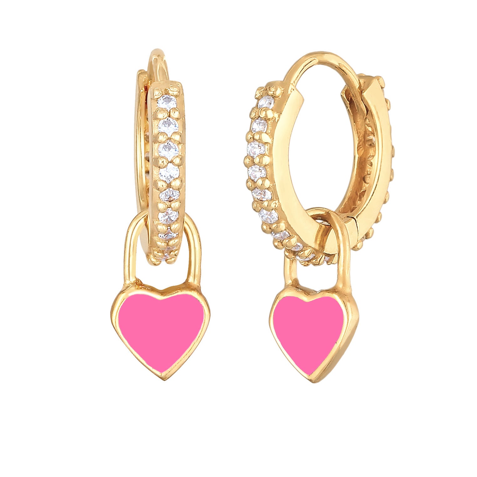 Pink Perhiasan Wanita Perak Asli - Silver Anting Creoles Heart Pendant Pink Enamel And Zirconia Gold Plated
