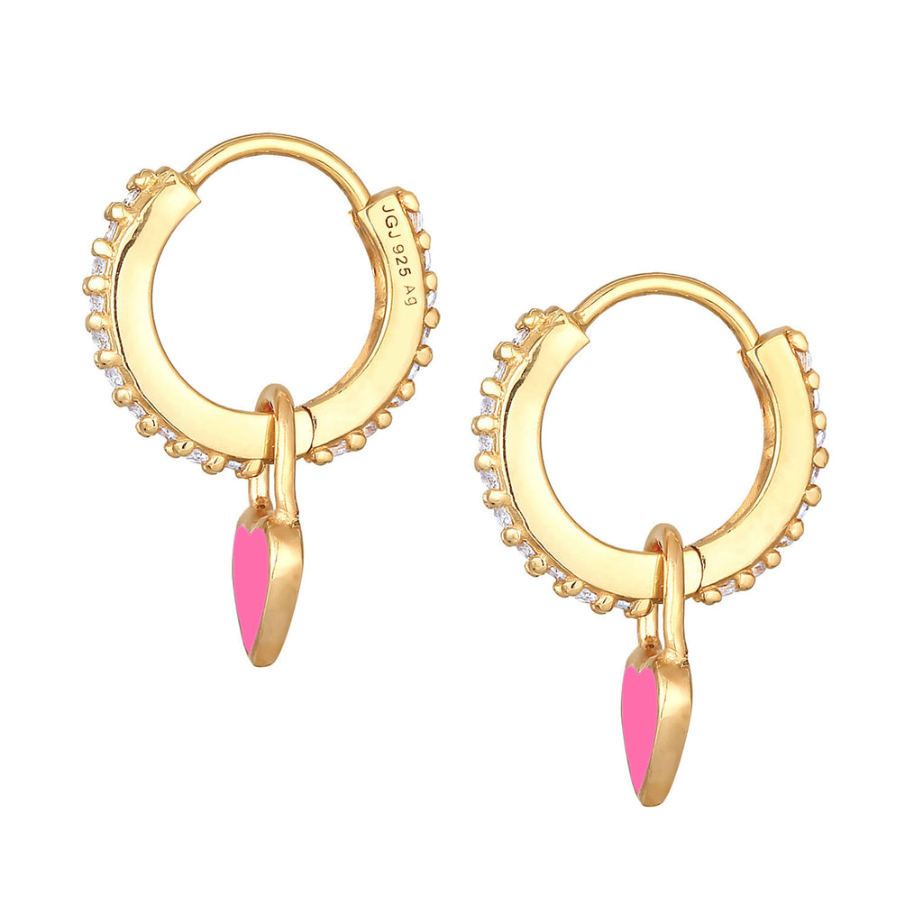 Pink Perhiasan Wanita Perak Asli - Silver Anting Creoles Heart Pendant Pink Enamel And Zirconia Gold Plated