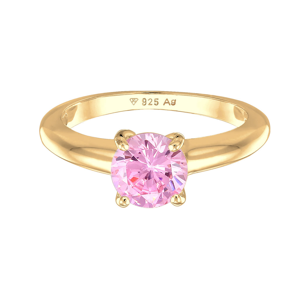 Ring Solitaire Classic Zirconia Crystal Pink 925 Sterling Silver Gold Plated