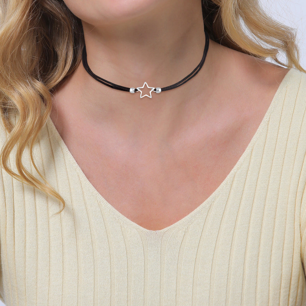Silver Kalung Perhiasan Perak 925 Wanita Choker Star Pendant Faux Leather