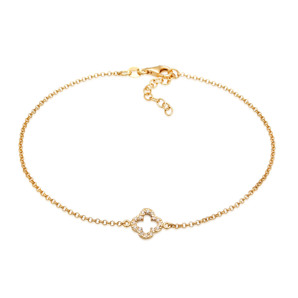 Cloverleaf Lucky Charm Anklet 925 Silver Gold Plated White Zirconia