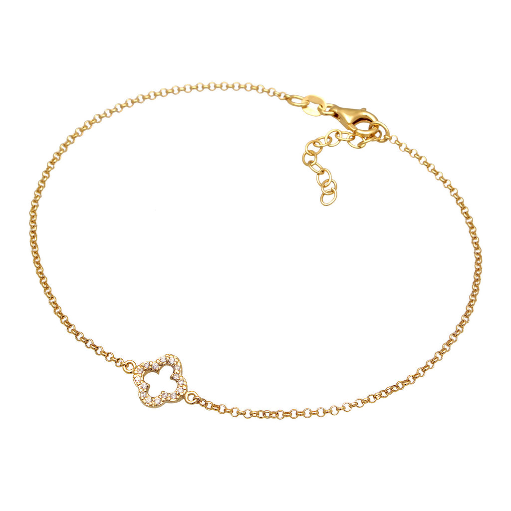 Gold Perhiasan Wanita Perak Asli - Silver Anklet Cloverleaf Pendant Lucky Charm Zirconia Gold Plated