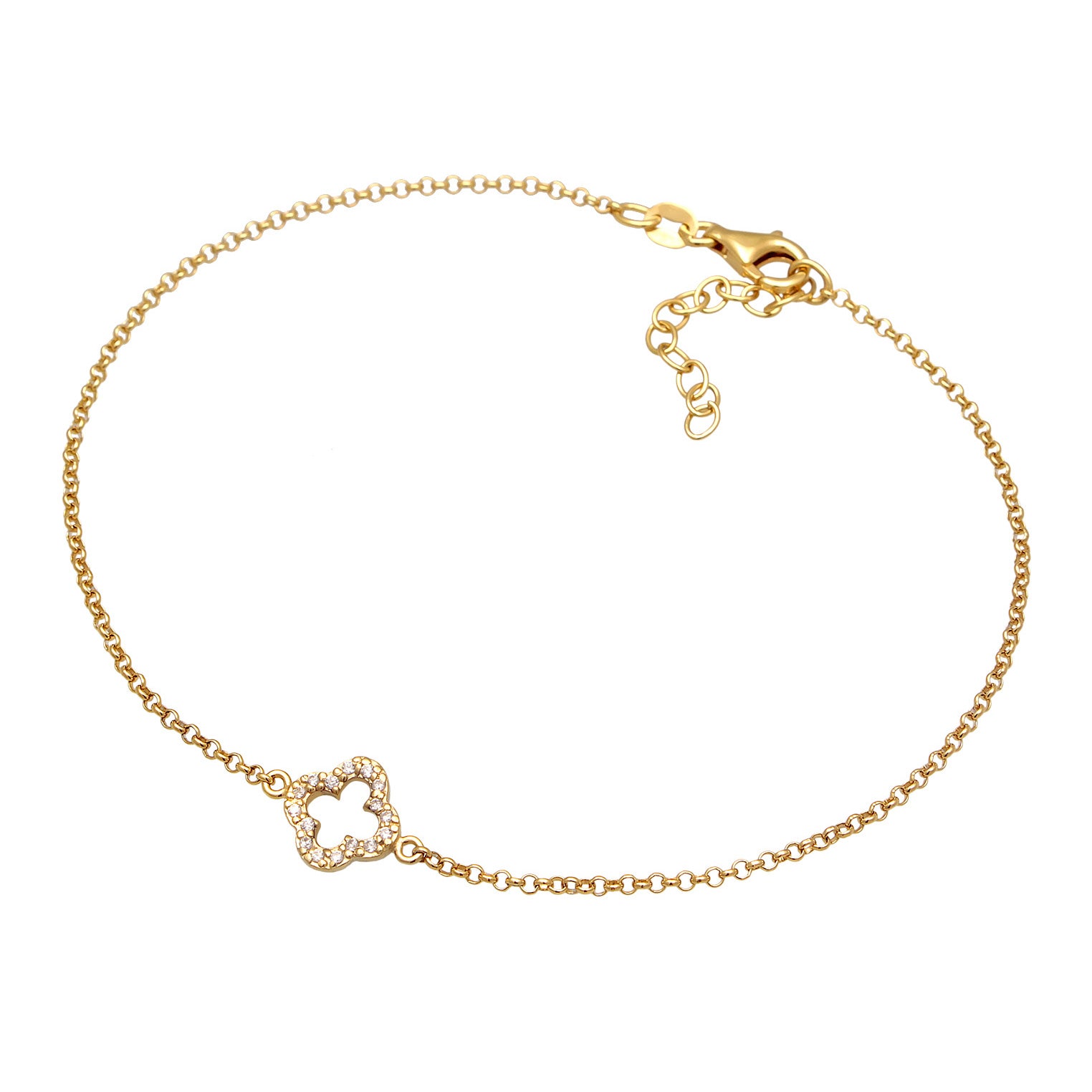 Gold Perhiasan Wanita Perak Asli - Silver Anklet Cloverleaf Pendant Lucky Charm Zirconia Gold Plated