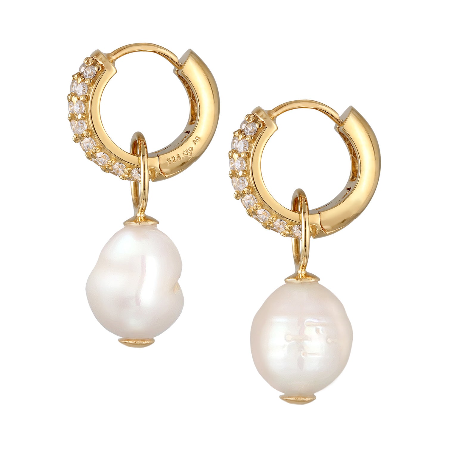 Gold Perhiasan Wanita Perak Asli - Silver Anting Creole Ziconia And Freshwater Pearl Gold Plated