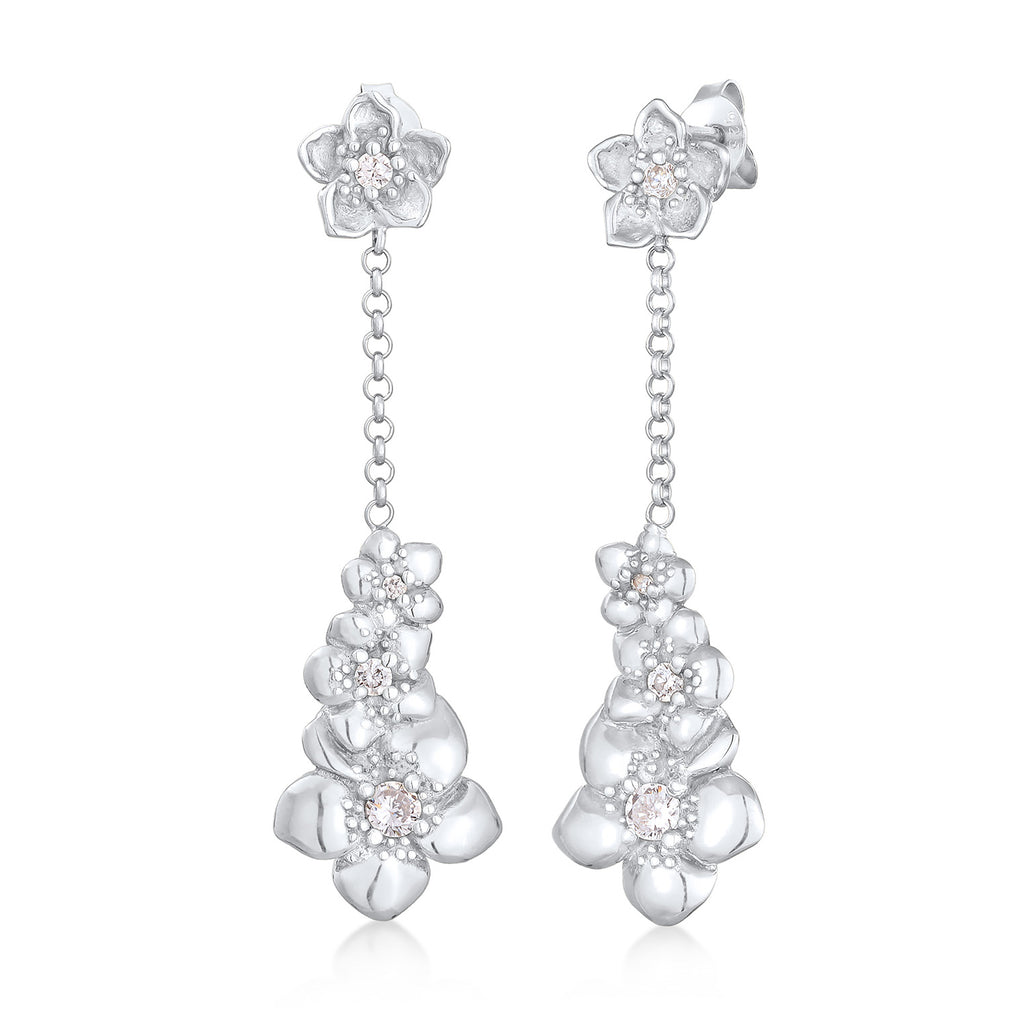 Silver Perhiasan Wanita Perak Asli - Silver Anting Ear Hanger Floral Flowers Zirconia