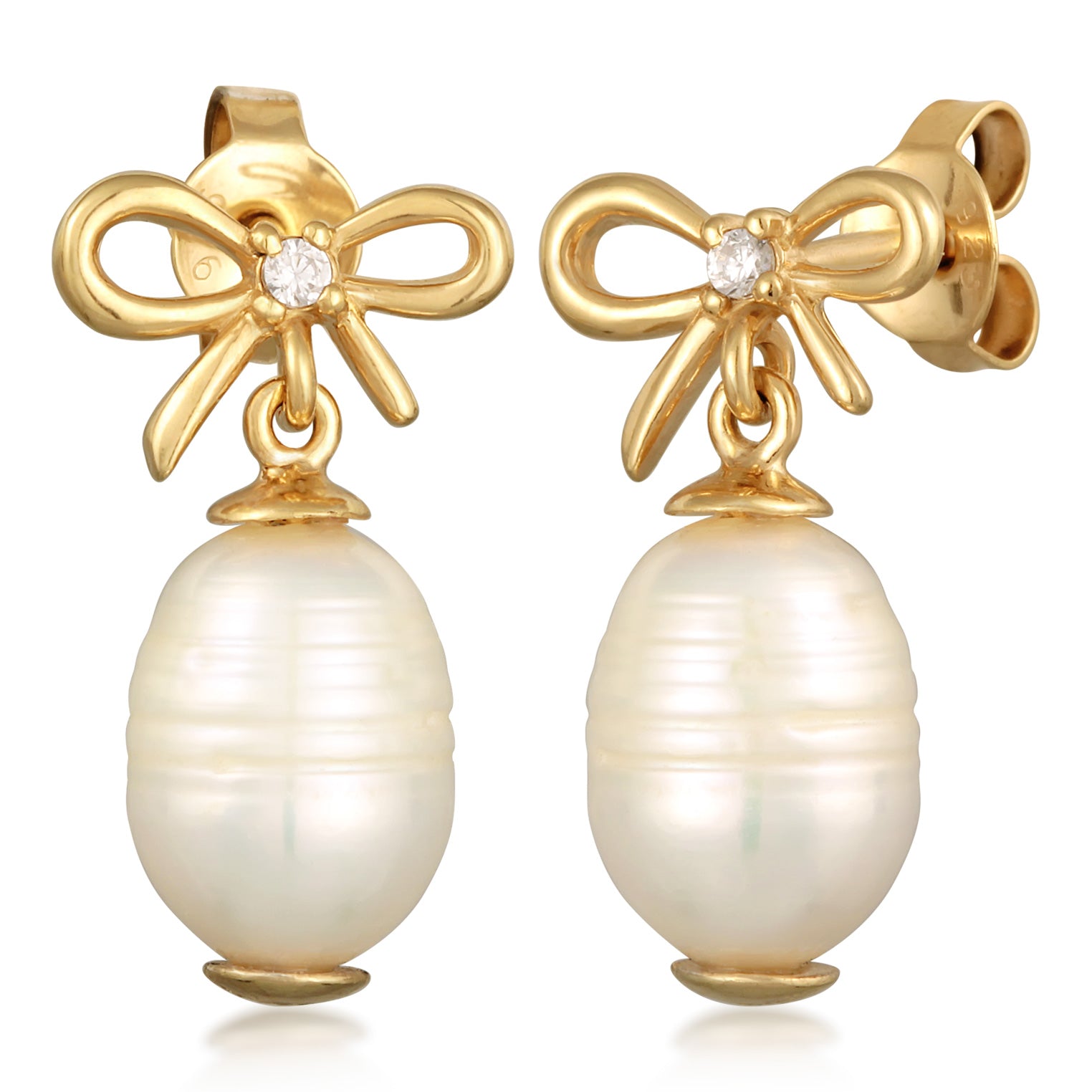 Gold Perhiasan Wanita Perak Asli - Silver Anting Bow Classic Freshwater Cultured Pearl Gold Plated