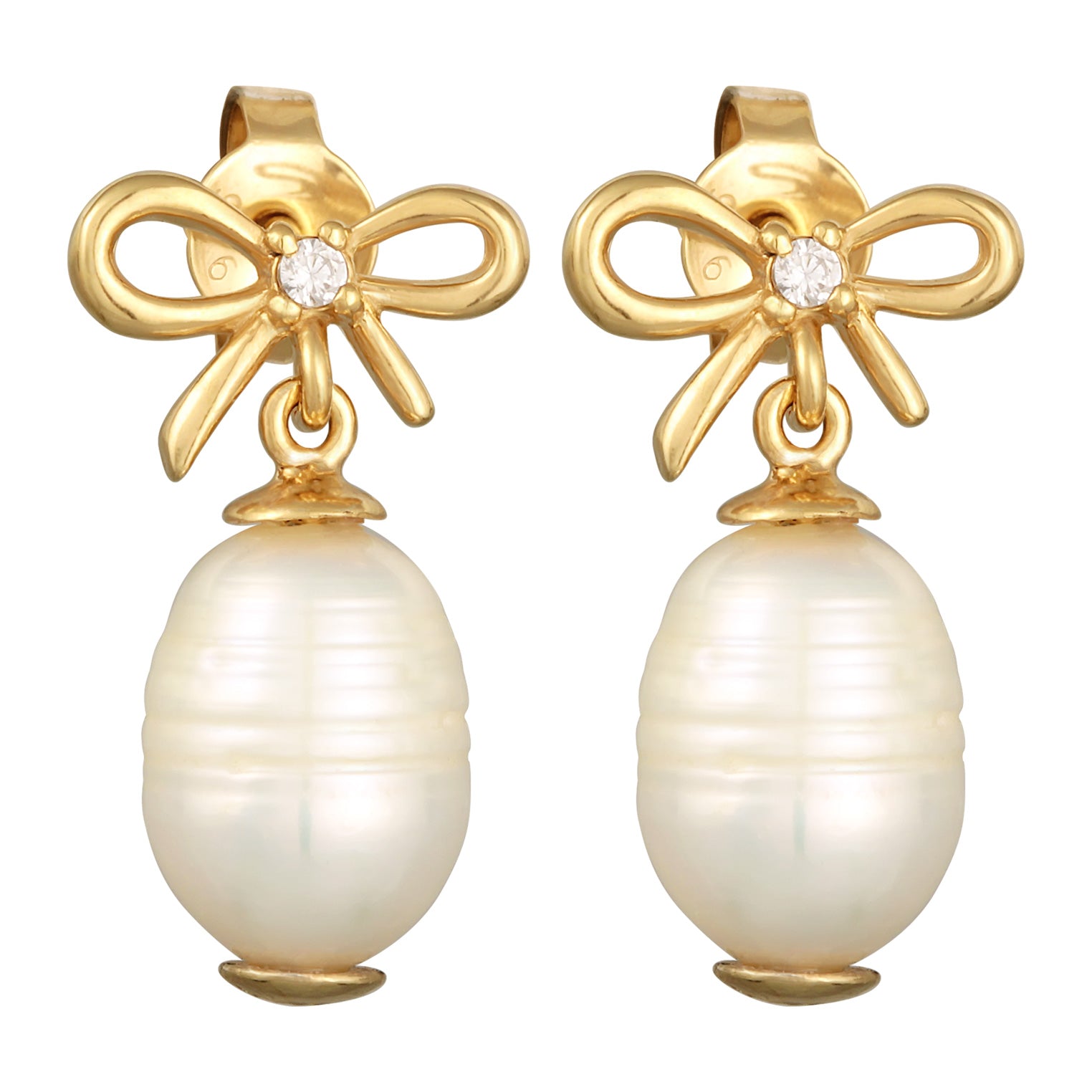 Gold Perhiasan Wanita Perak Asli - Silver Anting Bow Classic Freshwater Cultured Pearl Gold Plated