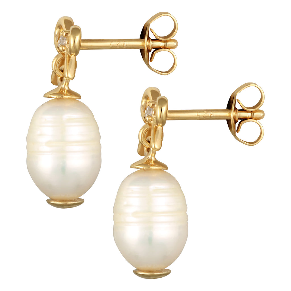 Gold Perhiasan Wanita Perak Asli - Silver Anting Bow Classic Freshwater Cultured Pearl Gold Plated