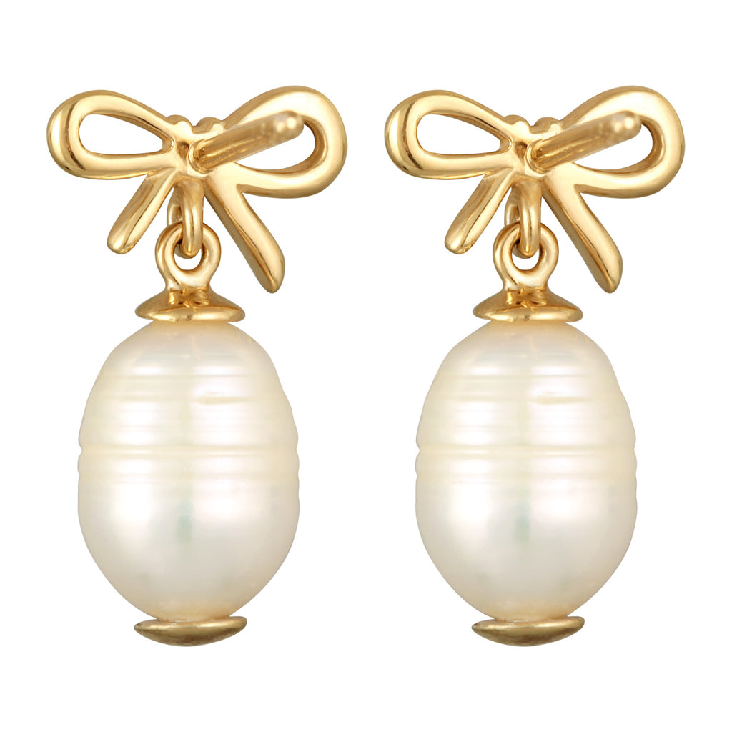 Gold Perhiasan Wanita Perak Asli - Silver Anting Bow Classic Freshwater Cultured Pearl Gold Plated