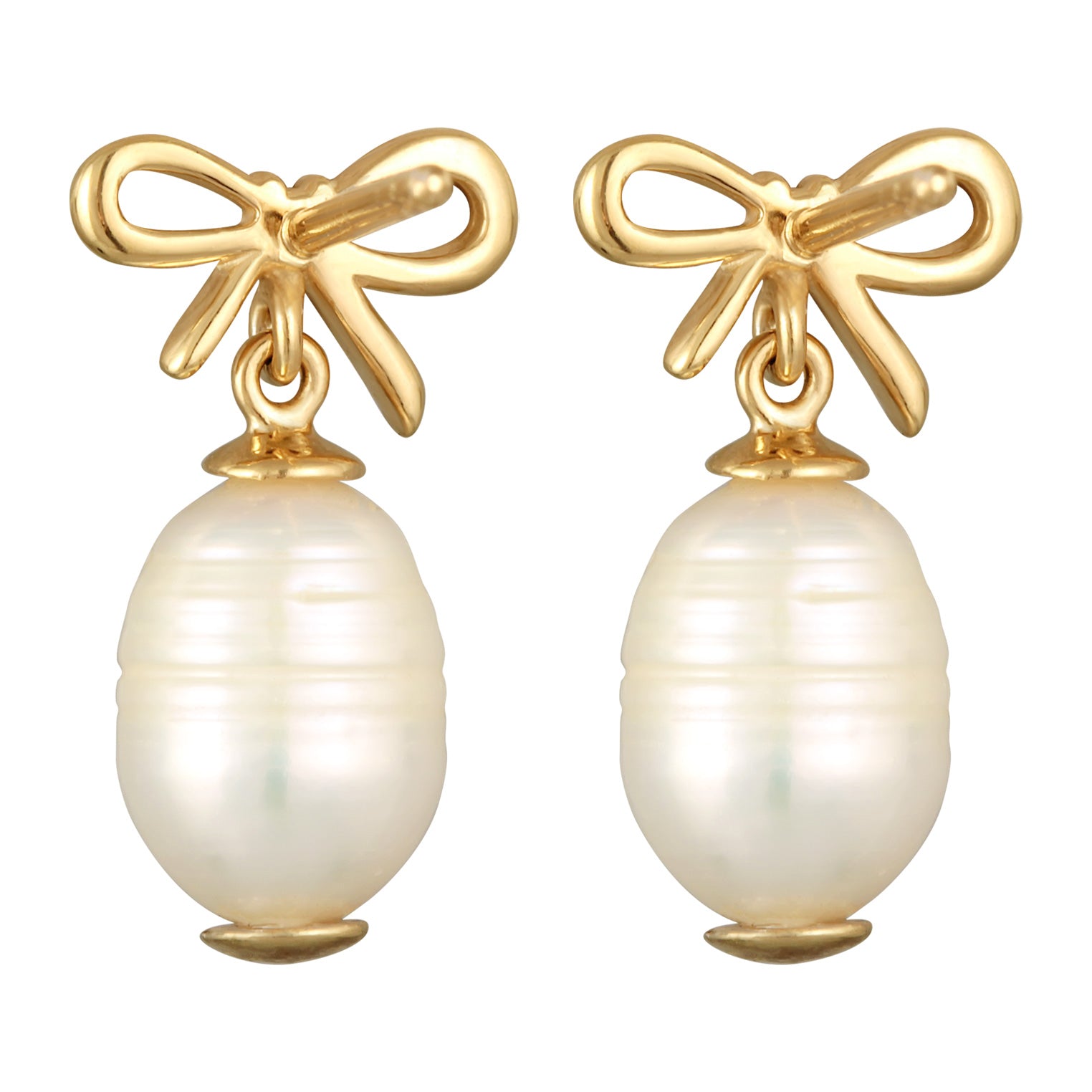Gold Perhiasan Wanita Perak Asli - Silver Anting Bow Classic Freshwater Cultured Pearl Gold Plated