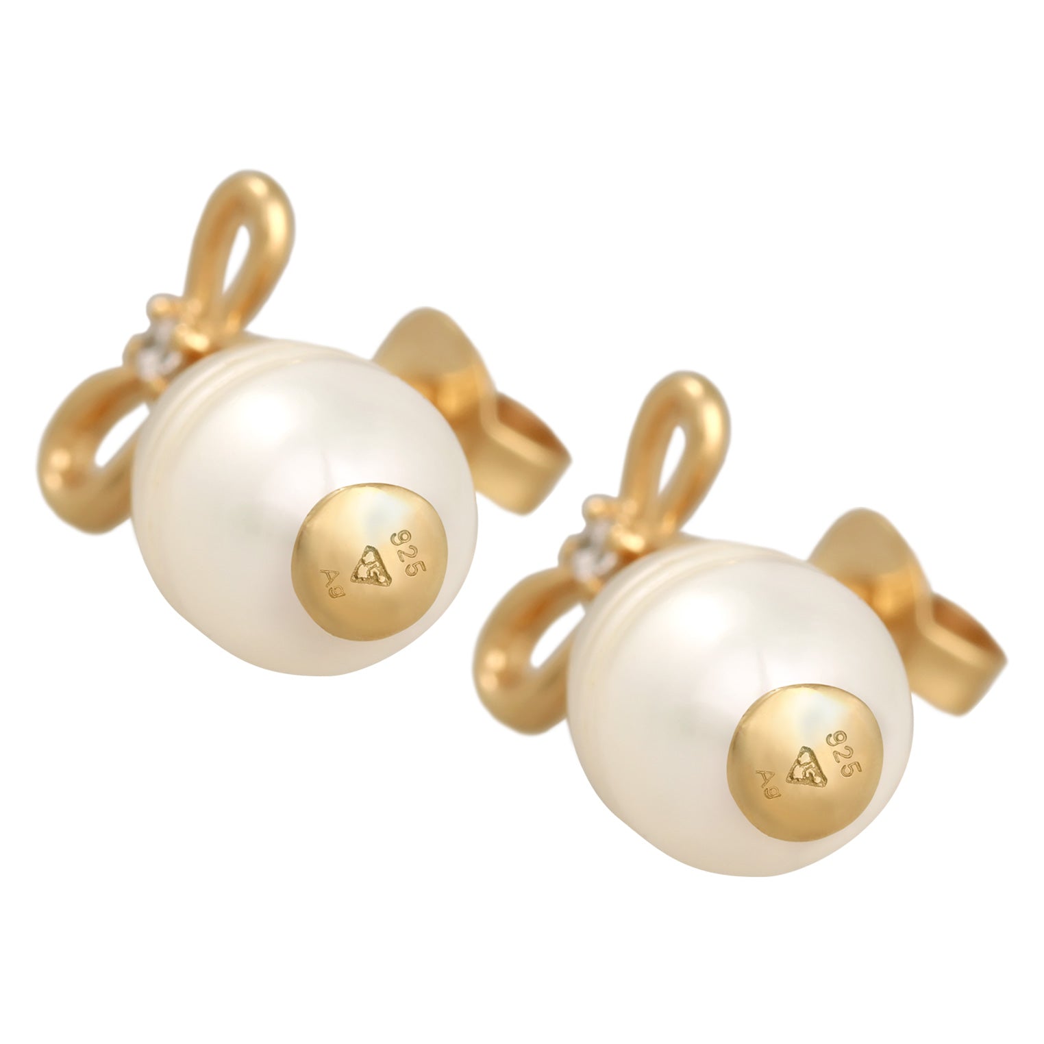 Gold Perhiasan Wanita Perak Asli - Silver Anting Bow Classic Freshwater Cultured Pearl Gold Plated