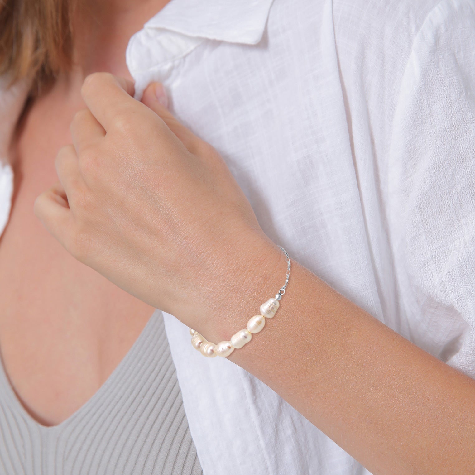 Silver Perhiasan Wanita Perak Asli - Silver Gelang Classic Mutiara Air Tawar Asli