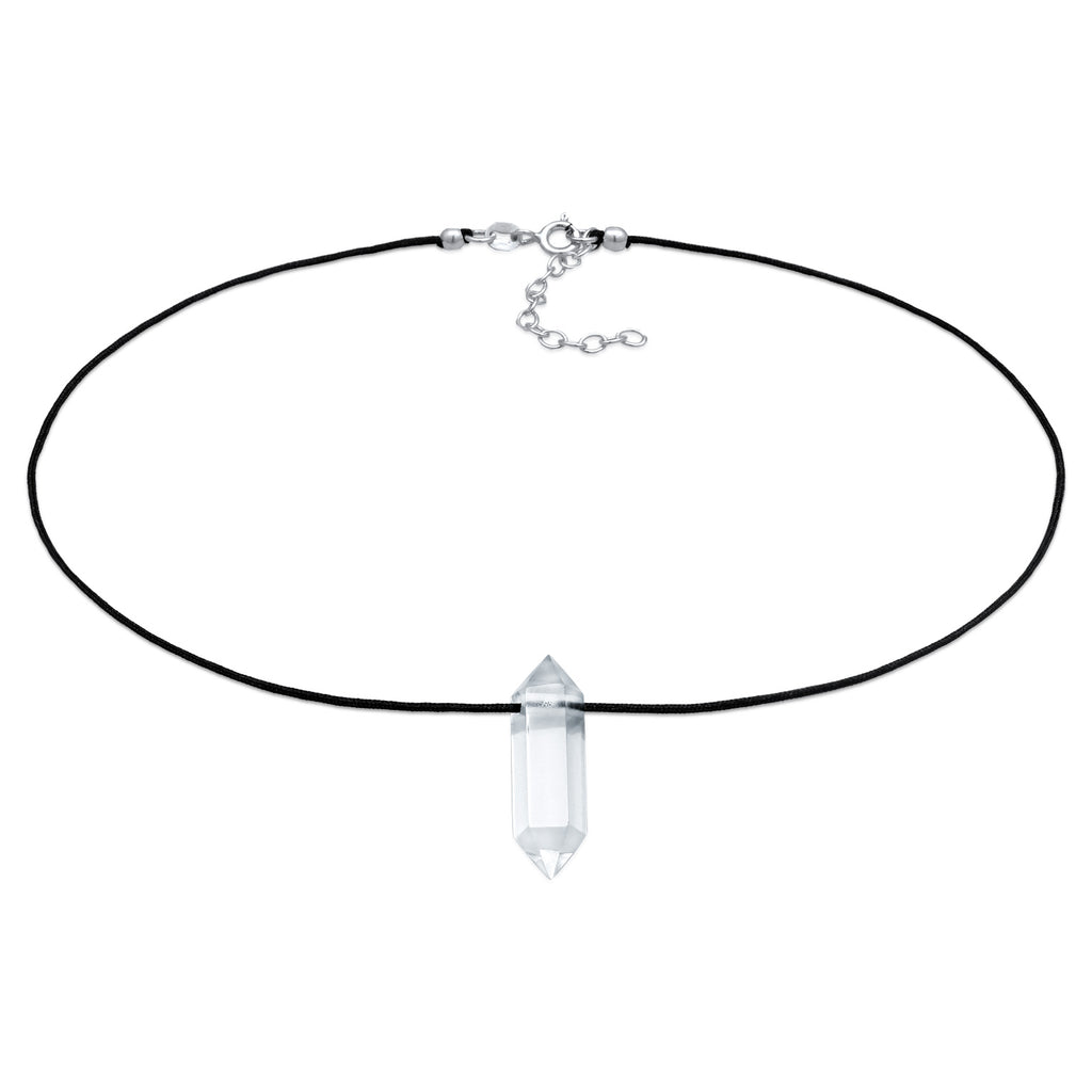 Rock Crystal Point Choker Necklace 925 Silver Black Cord