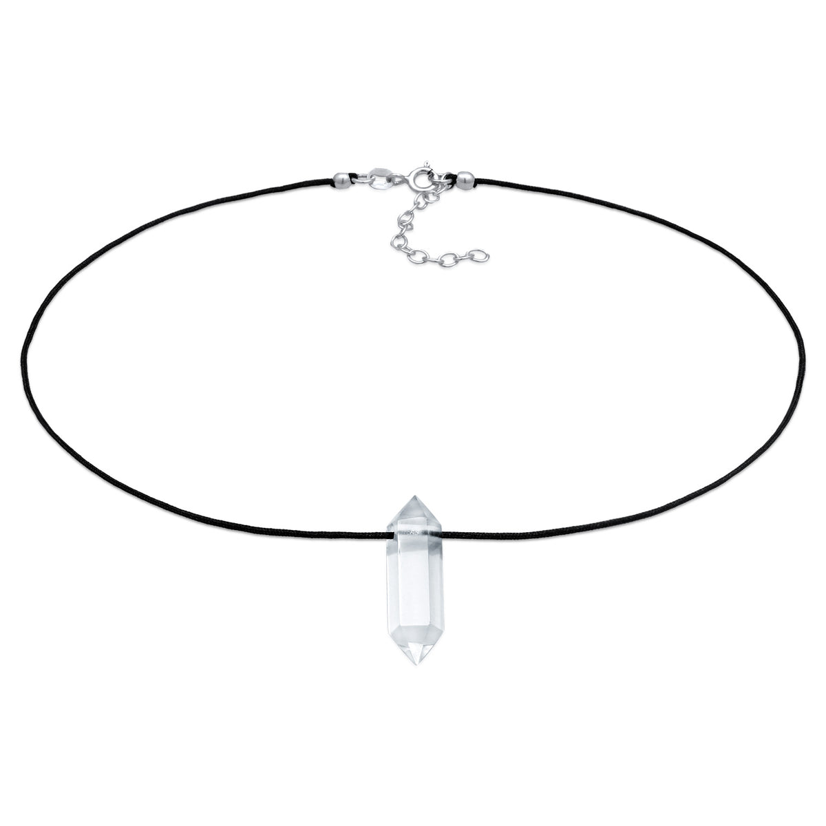 Rock Crystal Point Choker Necklace 925 Silver Black Cord