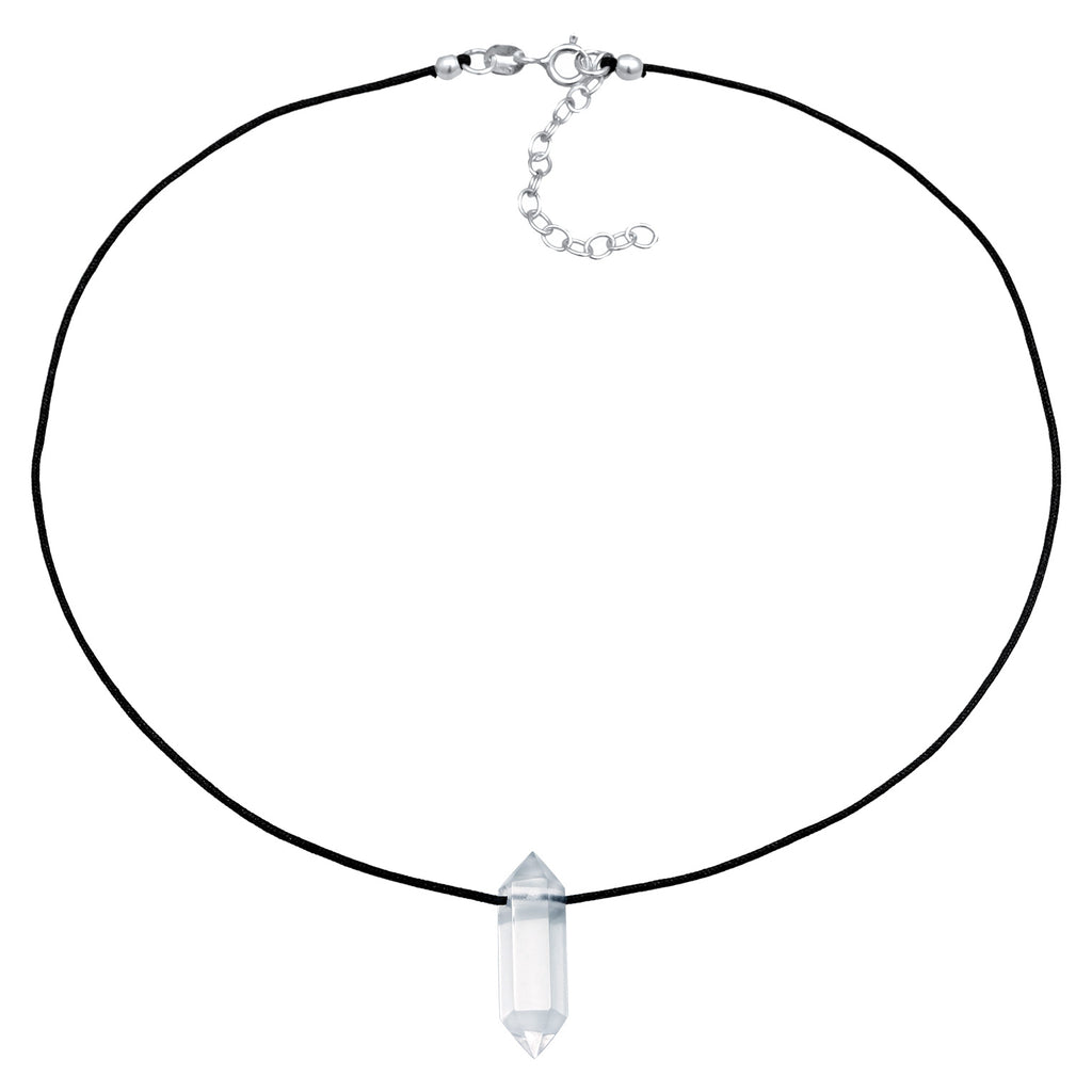 Rock Crystal Point Choker Necklace 925 Silver Black Cord
