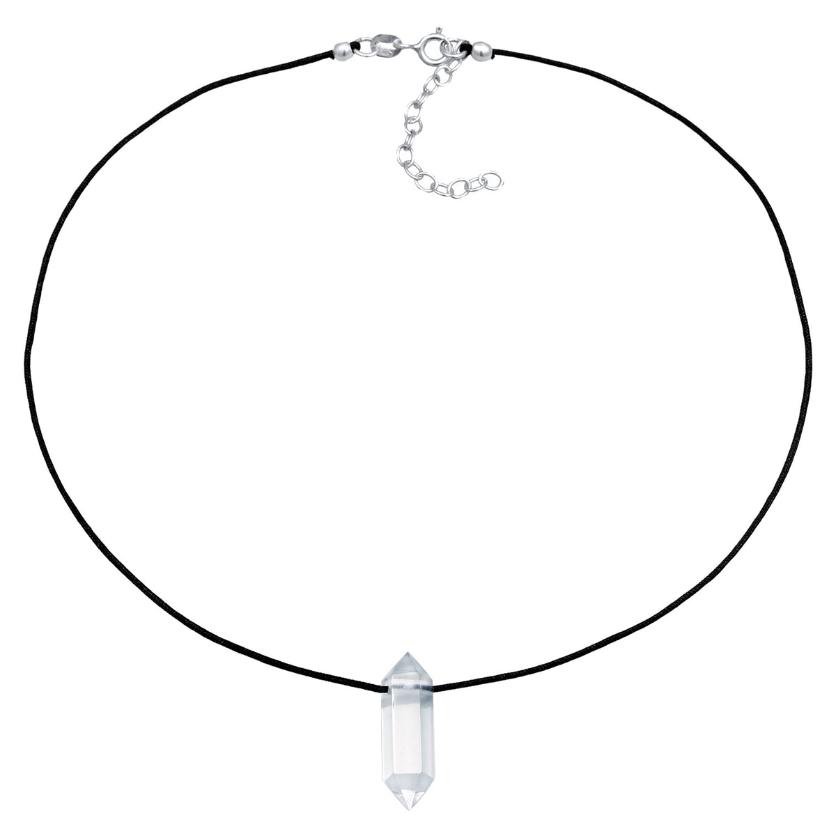Rock Crystal Point Choker Necklace 925 Silver Black Cord