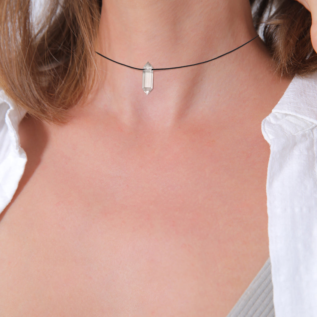 Rock Crystal Point Choker Necklace 925 Silver Black Cord