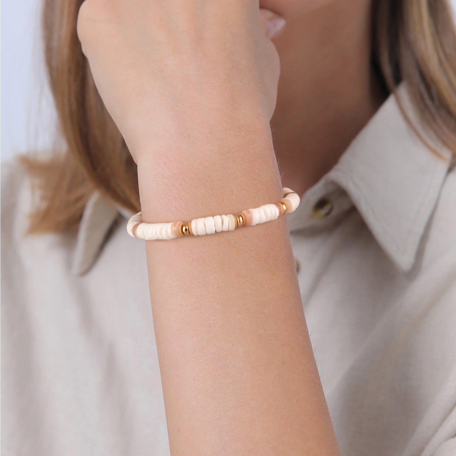White Perhiasan Wanita Perak Asli - Silver Gelang Surfer Style Beach Heishi Beads Gold Plated