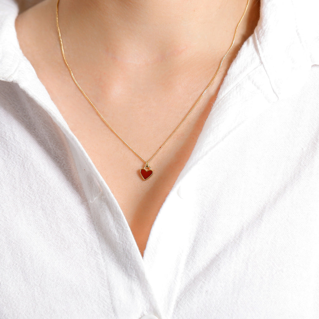 Heart Necklace 925 Silver Gold Plated Red Enamel