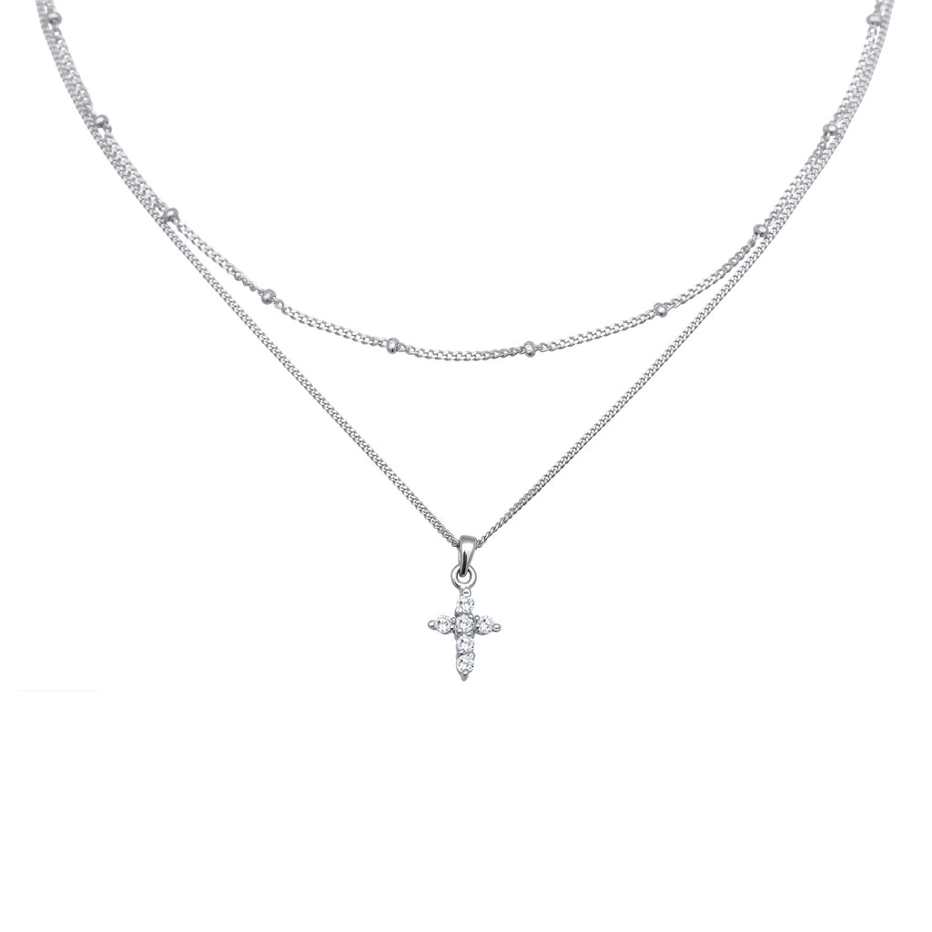Silver Kalung Perhiasan Perak 925 Wanita Choker Layer Cross Pendant Zirconia