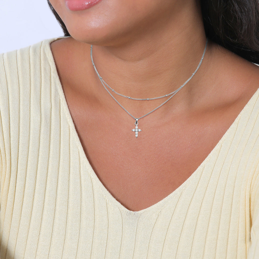Silver Kalung Perhiasan Perak 925 Wanita Choker Layer Cross Pendant Zirconia