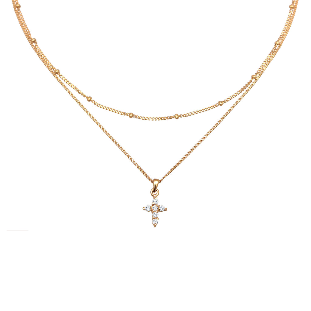 Gold Kalung Perhiasan Perak 925 Wanita Choker Layer Cross Pendant Zirconia Gold Plated