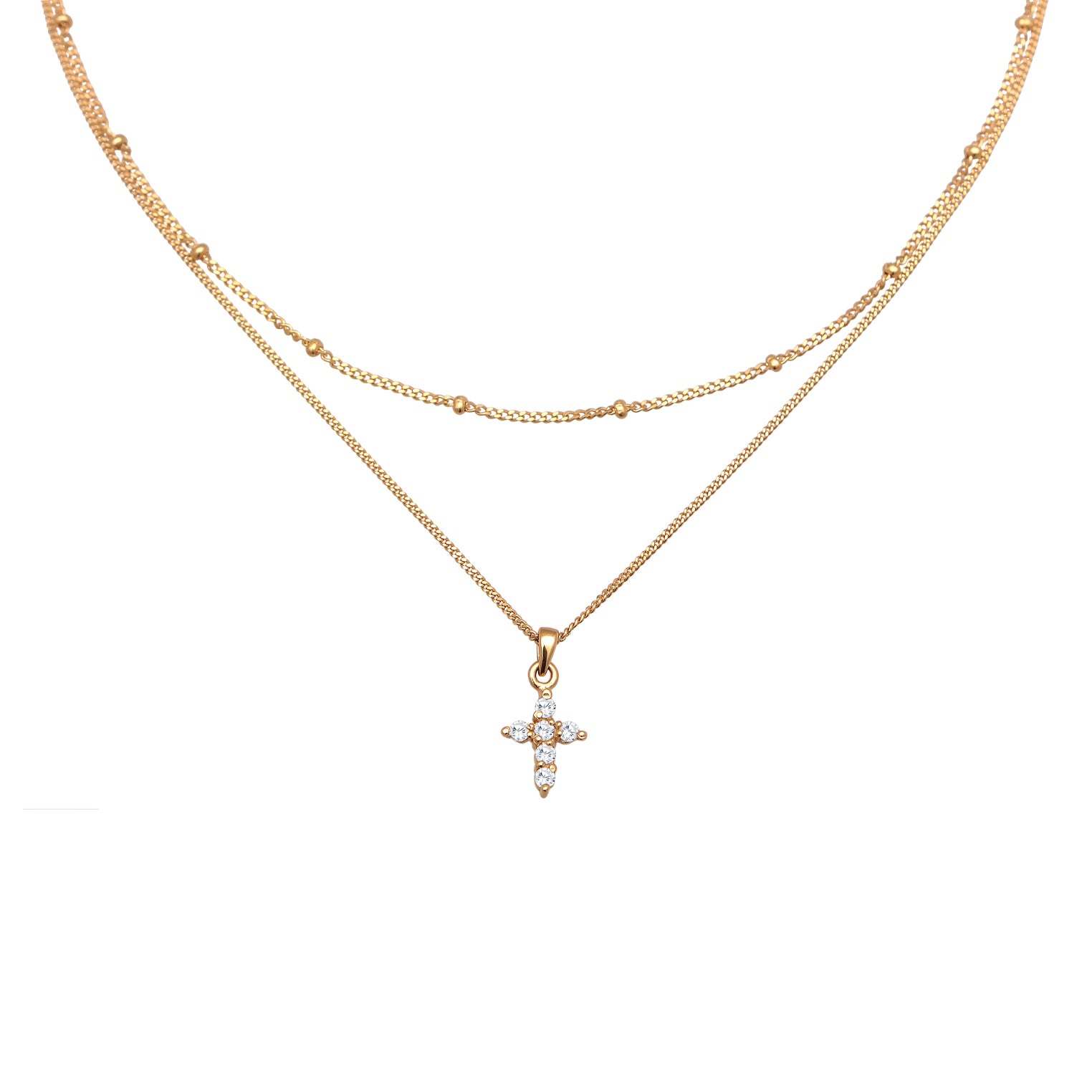 Gold Kalung Perhiasan Perak 925 Wanita Choker Layer Cross Pendant Zirconia Gold Plated