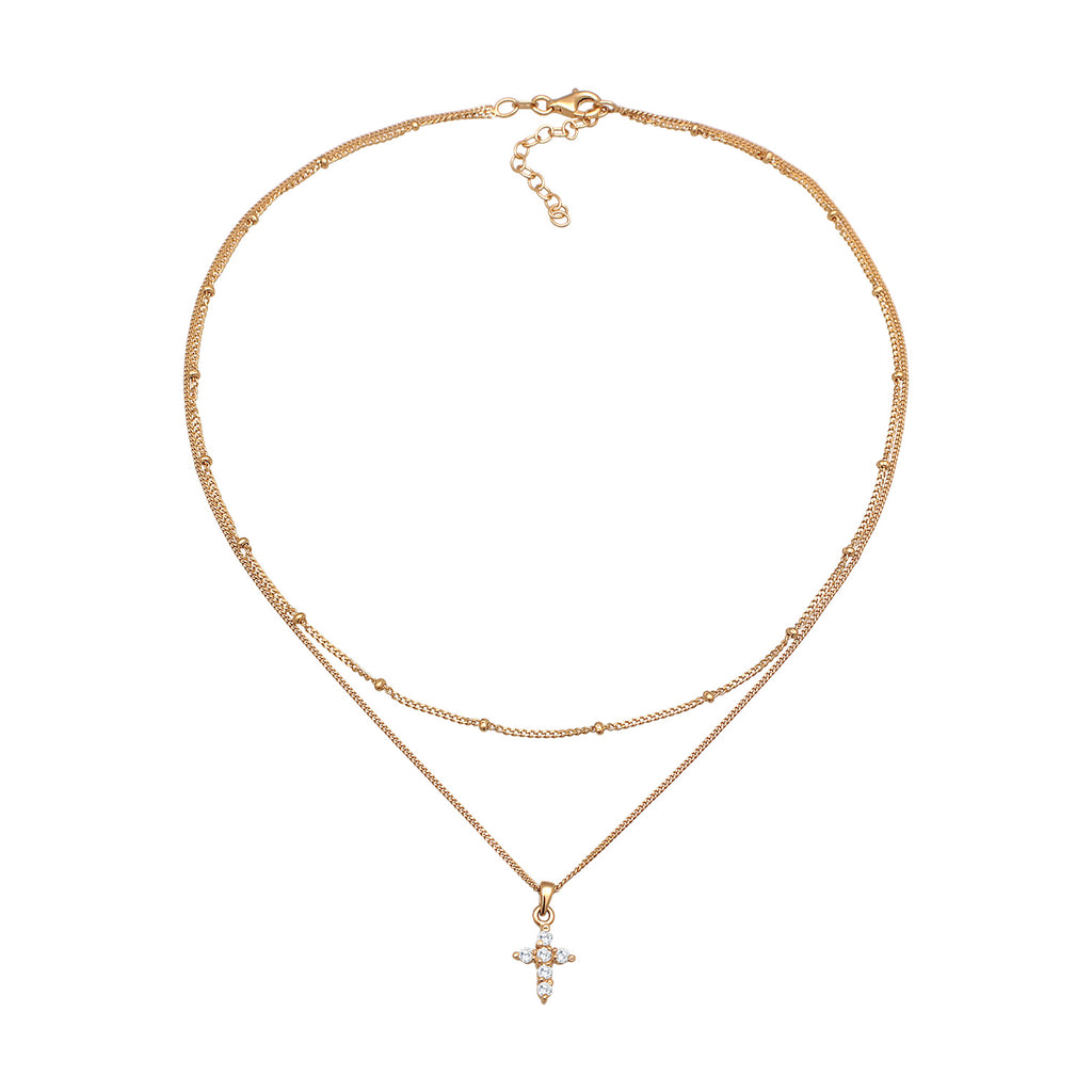 Gold Kalung Perhiasan Perak 925 Wanita Choker Layer Cross Pendant Zirconia Gold Plated