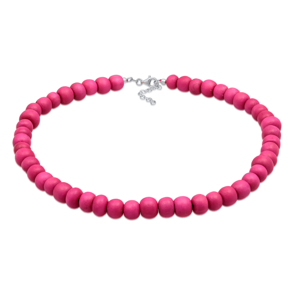 Silver Kalung Perhiasan Perak 925 Wanita Choker Beads Trend Wooden Beads Pink