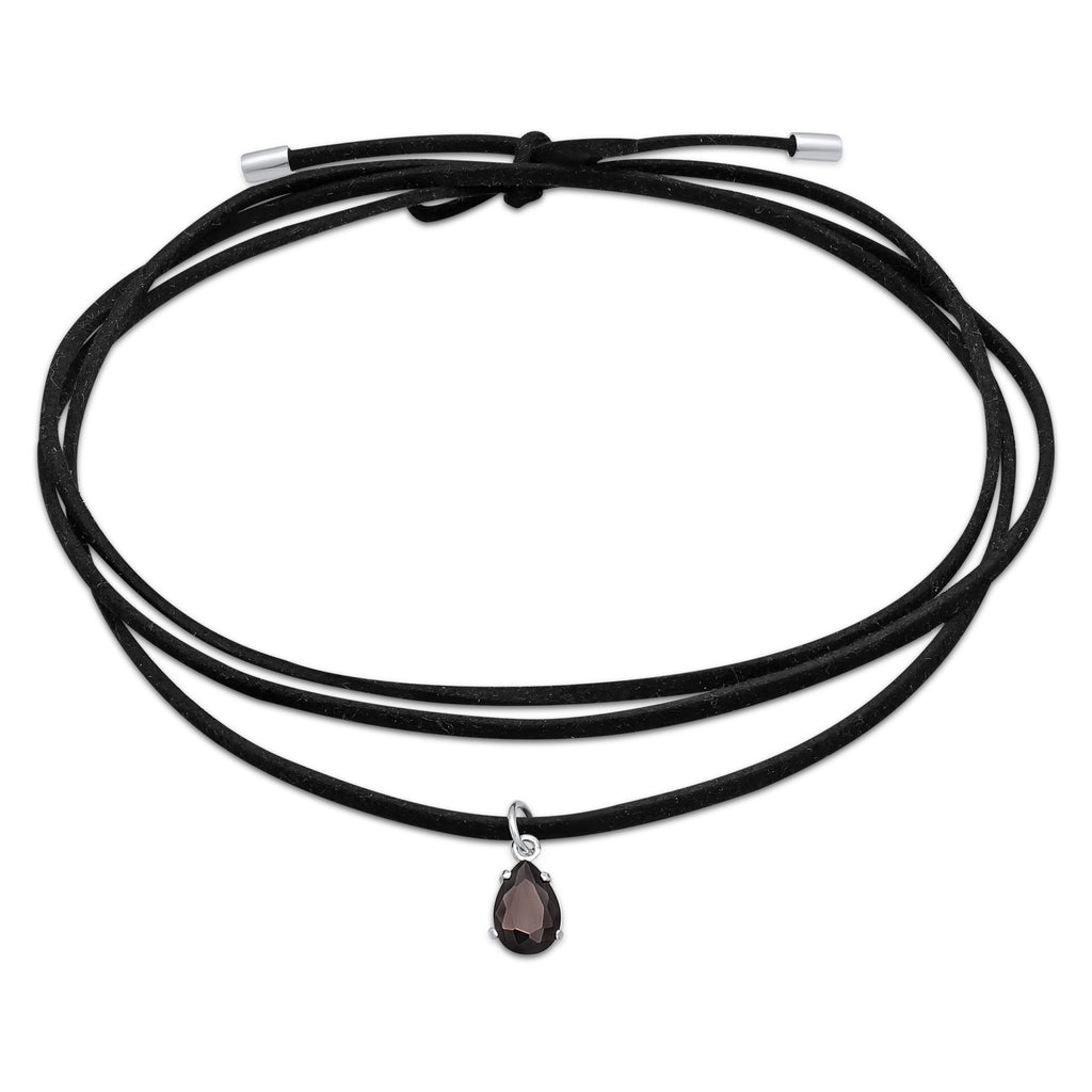 Black - Elli | Faux Leather Drop Choker Necklace 925 Silver Black Zirconia