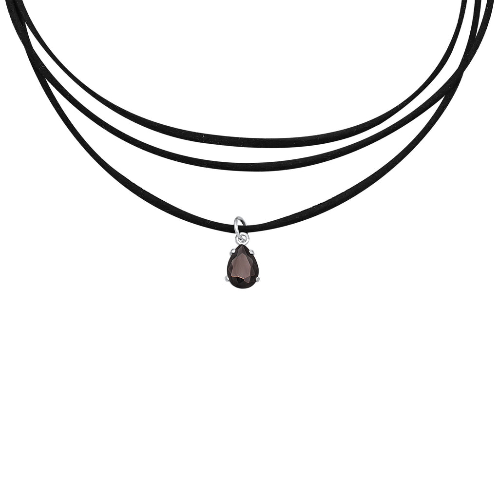 Black - Elli | Faux Leather Drop Choker Necklace 925 Silver Black Zirconia
