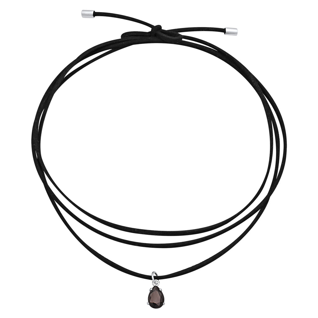 Black - Elli | Faux Leather Drop Choker Necklace 925 Silver Black Zirconia