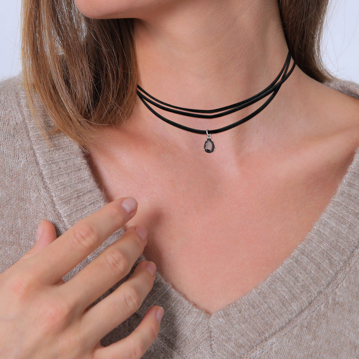 Necklace Choker Drop Imitation Leather Zirconia 925 Sterling Silver