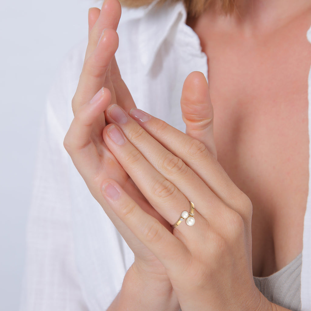 Gold Cincin Perhiasan Perak 925 Wanita Open Freswater Pearl Gold Plated