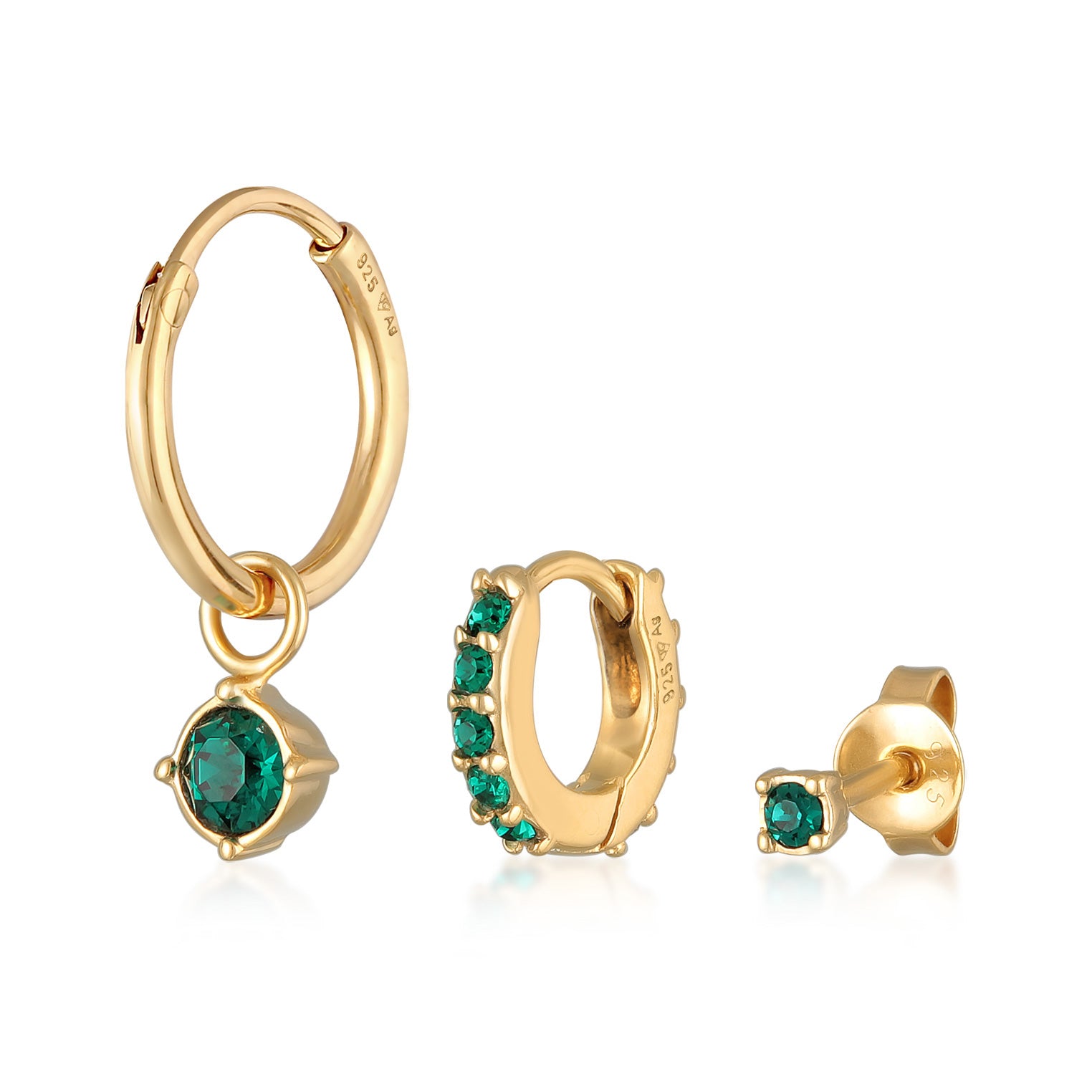Gold Perhiasan Wanita Perak Asli - Silver Anting Set Creoles Stud Crystal Green Gold Plated