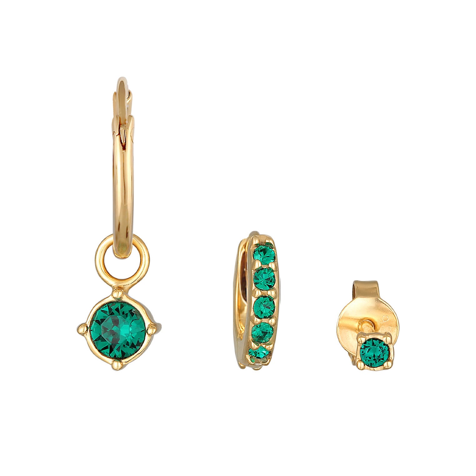 Gold Perhiasan Wanita Perak Asli - Silver Anting Set Creoles Stud Crystal Green Gold Plated
