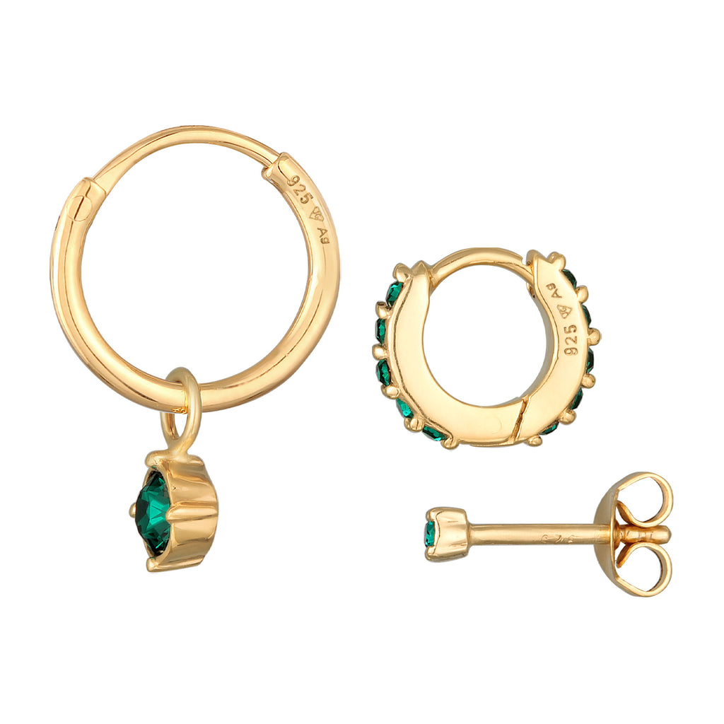 Gold Perhiasan Wanita Perak Asli - Silver Anting Set Creoles Stud Crystal Green Gold Plated