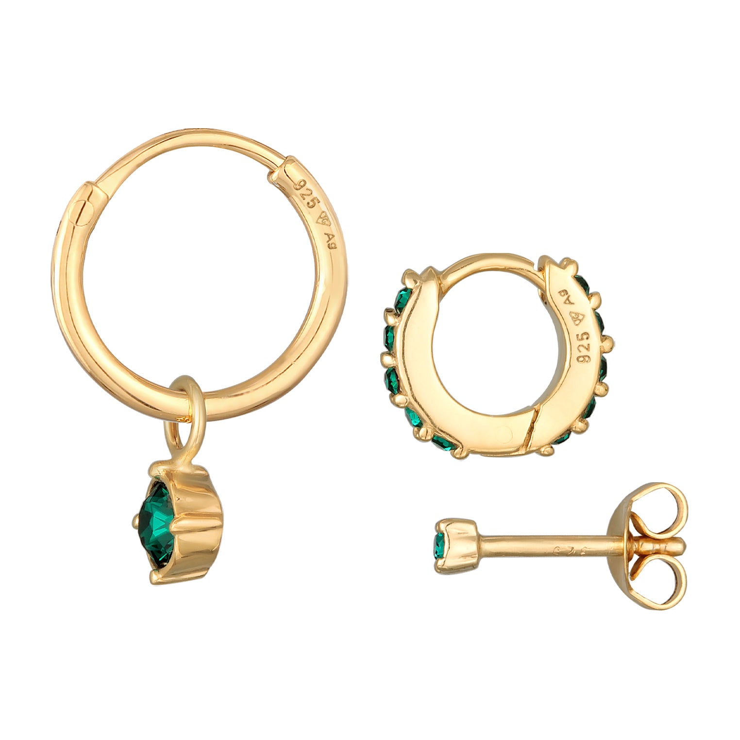 Gold Perhiasan Wanita Perak Asli - Silver Anting Set Creoles Stud Crystal Green Gold Plated