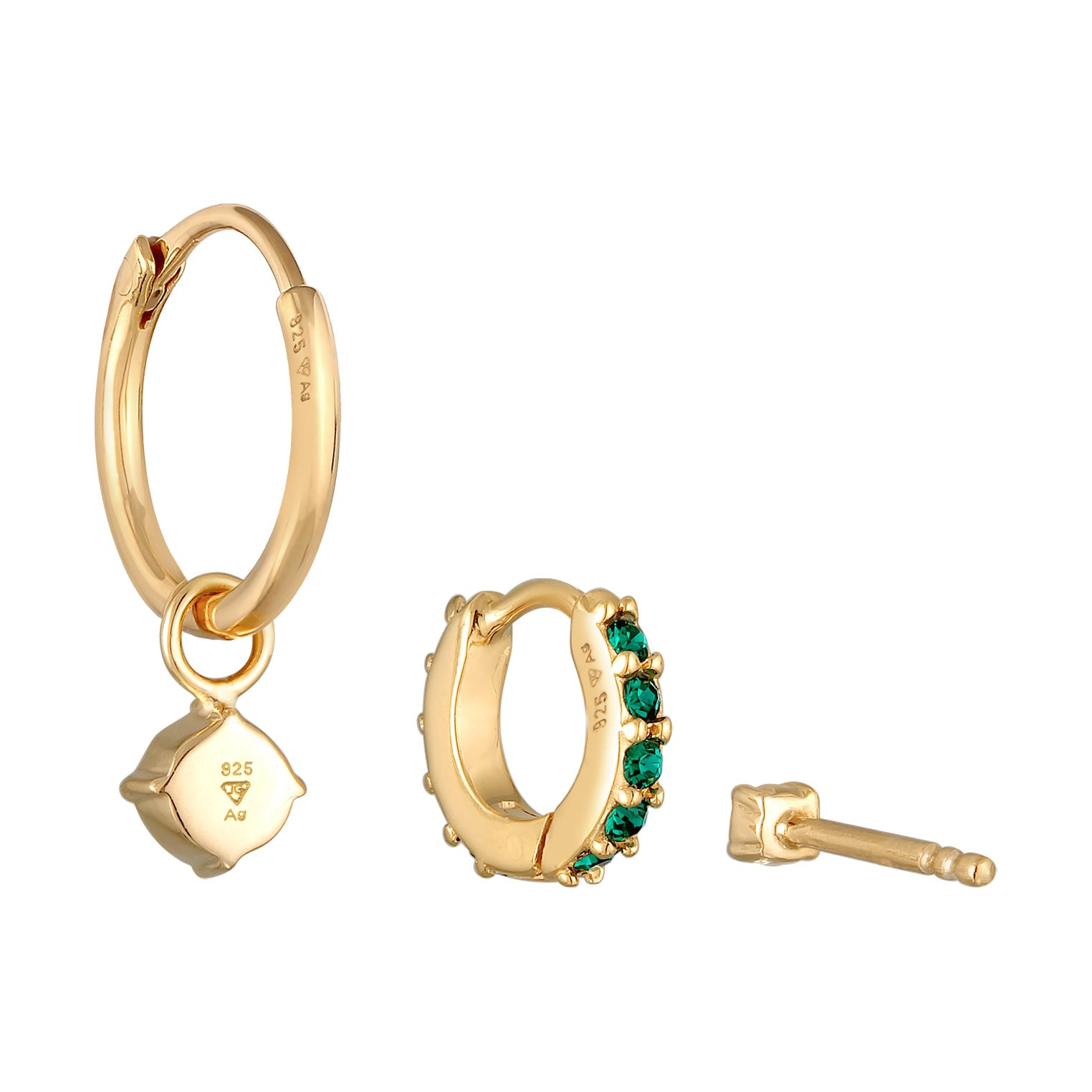 Gold Perhiasan Wanita Perak Asli - Silver Anting Set Creoles Stud Crystal Green Gold Plated